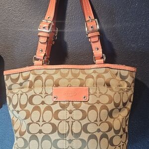 Coach Hamptons Signature Tote Bag Orange Khaki